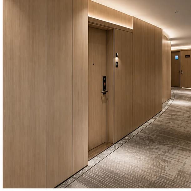 酒店走廊中应用浅木色阻燃板系统